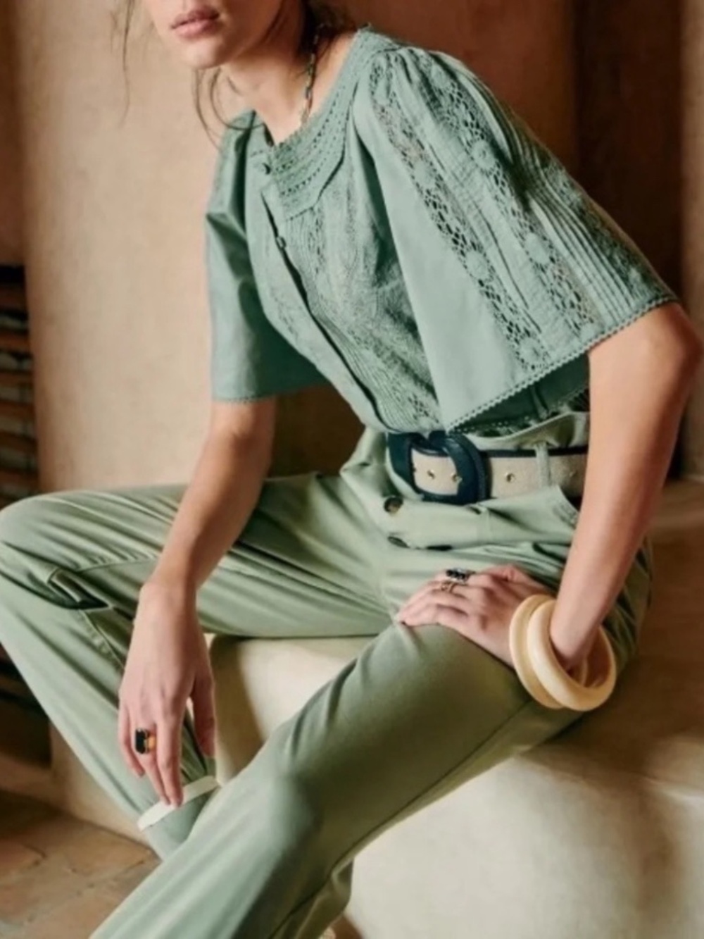 Sezane Embroidered Jane Blouse in Verdigris 34 USA 2 - Picture 3 of 10
